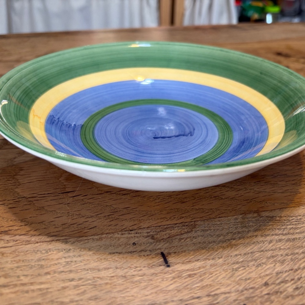 Libbey Striped Pasta Bowl | Blue Green Yellow Coastal Dish | Mediterranean Style